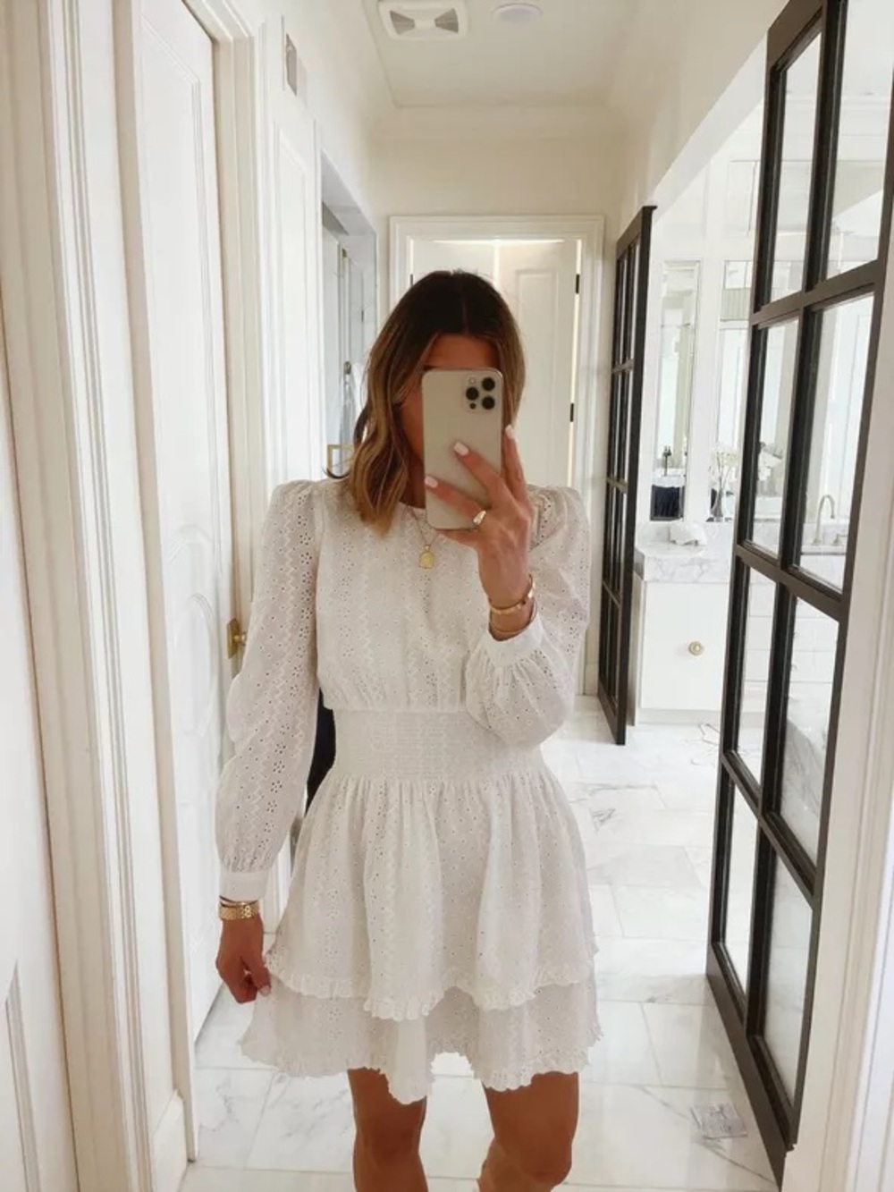 Splendid White Eyelet Puff-Sleeve Tiered Mini Dress